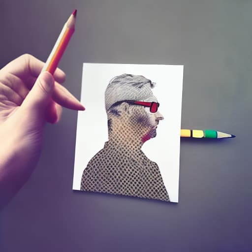 dublex style man wearing glasses, drawing motion holding pencil on the paper, half colored drawing on the paper, thinking on human nature inside, looks like puzzle pieces