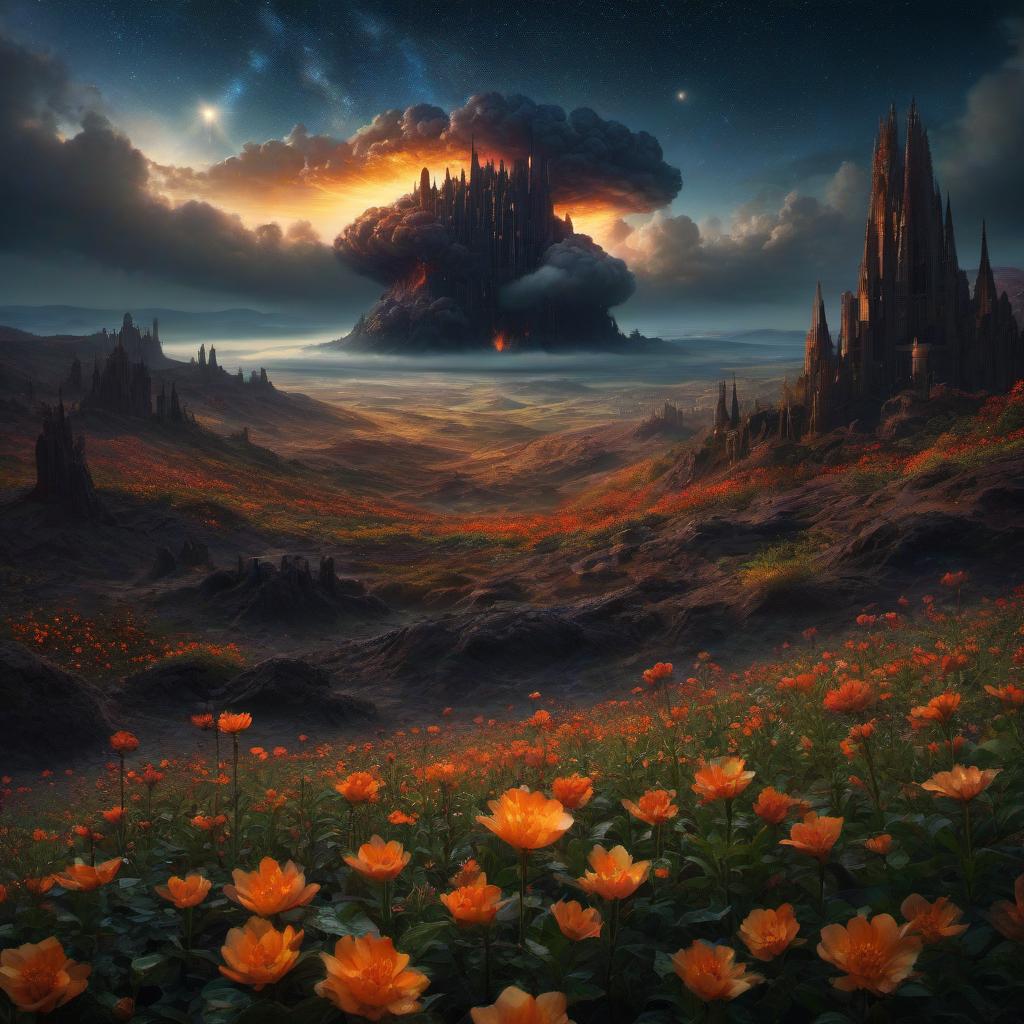  (stylized by Tomasz Alen Kopera:1.3) , dark art, dense flower field and Perseid meteor in background, landscape of a (Barcelona:1.2) , very Bizarre and 1600'S, Hurricane, Glitchcore, Amaro, layered textures, ornate, intricate artistic color, complimentary colors, very inspirational, atmosphere, fine artistic composition, sunny, theatrical hyperrealistic, full body, detailed clothing, highly detailed, cinematic lighting, stunningly beautiful, intricate, sharp focus, f/1. 8, 85mm, (centered image composition), (professionally color graded), ((bright soft diffused light)), volumetric fog, trending on instagram, trending on tumblr, HDR 4K, 8K