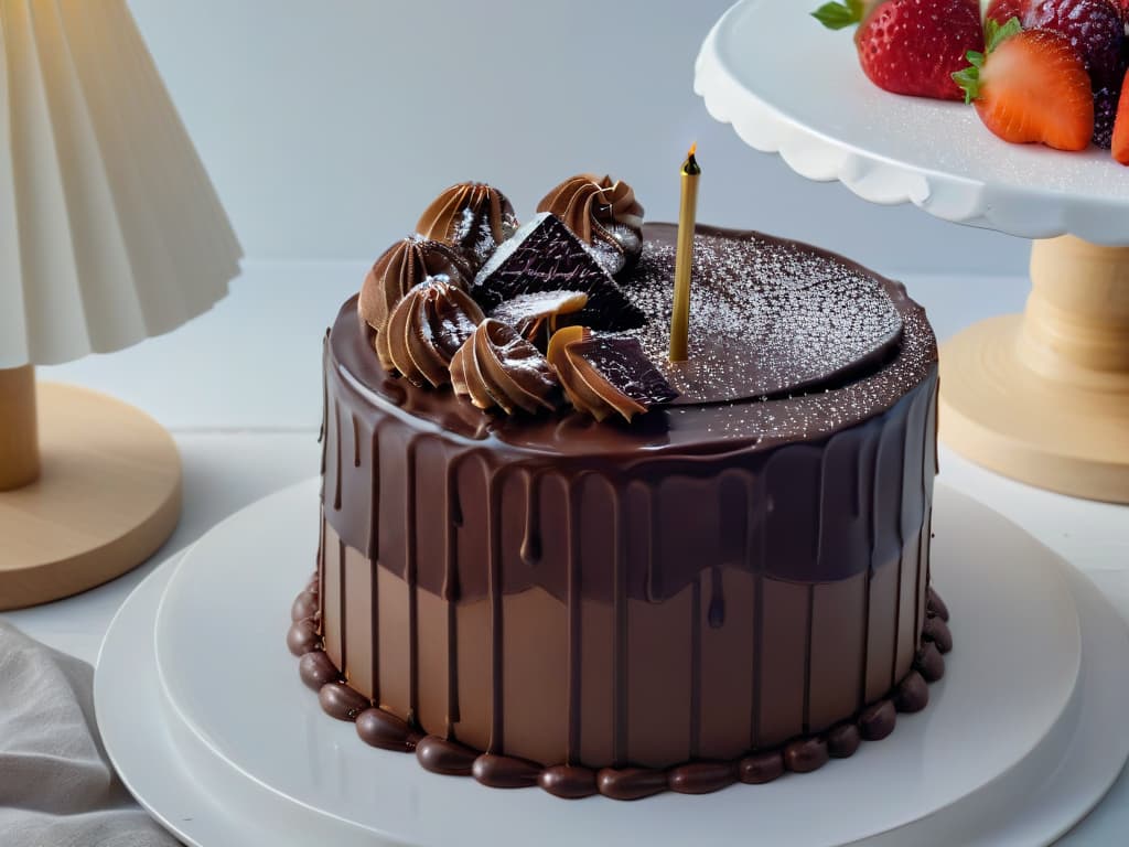  An ultradetailed closeup image of a glossy, rich chocolate ganache being poured over a decadent layer cake, captured from a topdown perspective. The ganache is smooth and shiny, showcasing a mesmerizing reflection of the ambient light. The cake beneath is beautifully textured, with visible layers and intricate details, enhancing the overall luxurious and indulgent feel of the image. The color contrast between the dark chocolate ganache and the cake creates a visually striking and mouthwatering composition, perfect for evoking a sense of professional craftsmanship and creative culinary exploration. hyperrealistic, full body, detailed clothing, highly detailed, cinematic lighting, stunningly beautiful, intricate, sharp focus, f/1. 8, 85mm, (centered image composition), (professionally color graded), ((bright soft diffused light)), volumetric fog, trending on instagram, trending on tumblr, HDR 4K, 8K