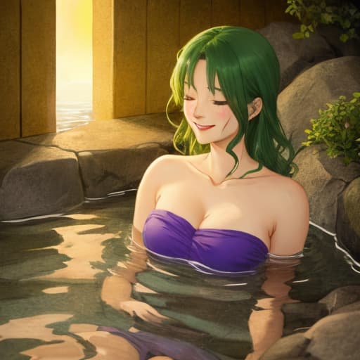  warm light, flat color, from behind, cute ,  face, slender, green middle wavy hair, purple eyes, age, collarbone, large ,  wrapping in towel, light smile, half closed eyes, leaning forward, back bridge, partially submerged, hot spring, steam, night view, red leaf