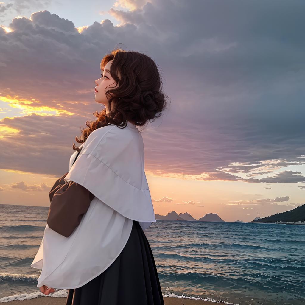  masterpiece, best quality, A lovely curly dark brown hair, camera look from her back. She is seeing a beautiful sightseeing in the sunset. Sightseeing has sea, beach, mountain, cloud.