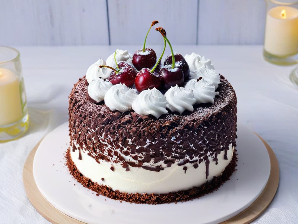  A minimalist, yet impactful image of a beautifully crafted Black Forest cake, showcasing multiple layers of moist chocolate sponge, luscious whipped cream, and a generous amount of dark cherries, elegantly topped with chocolate shavings and fresh cherries on a simple, white porcelain cake stand. The focus is on the intricate details of the cake, highlighting the artistry of German pastrymaking and its global influence on sweet preferences. hyperrealistic, full body, detailed clothing, highly detailed, cinematic lighting, stunningly beautiful, intricate, sharp focus, f/1. 8, 85mm, (centered image composition), (professionally color graded), ((bright soft diffused light)), volumetric fog, trending on instagram, trending on tumblr, HDR 4K, 8K