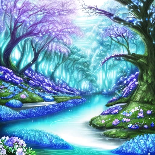  A fantasy forest with a blue river with flowers in the river