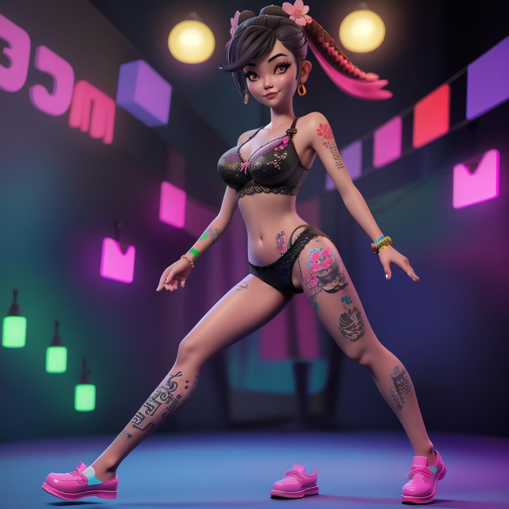  3d cartoon styled full-body image of a Thai woman, (bra and pantie), colorful tattoos, random scene