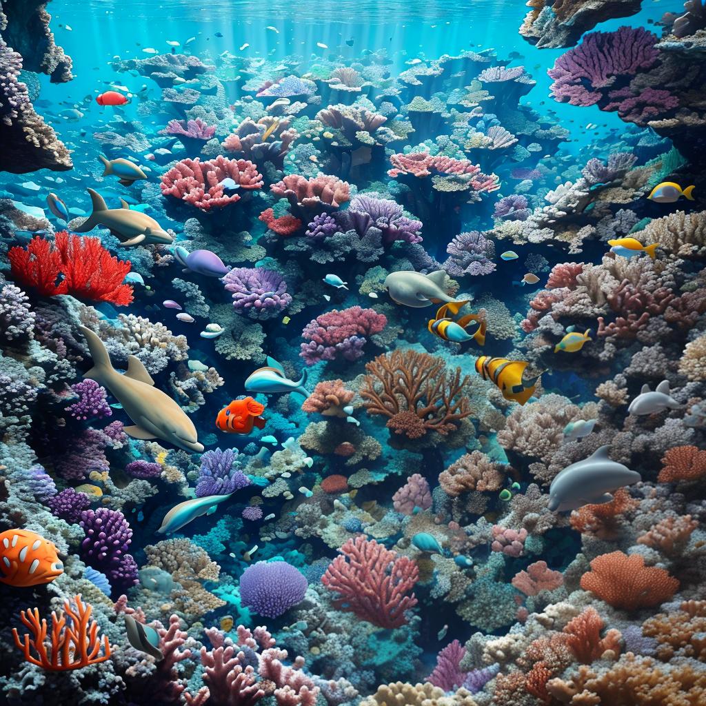  masterpiece, best quality, beautiful deep sea full of corals, diverse marine life and fascinating underwater landscapes with corals, appendages, small fish, anemones, dolphins, various algae, caves, colorful, 8k resolution and intricate detail