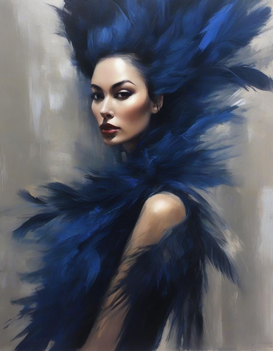  abstract expressionist painting Portrait of a beautiful girl in a dark blue velvet Lorrain dress, on beautiful hair adorned with soft feathers of dark blue colour . energetic brushwork, bold colors, abstract forms, expressive, emotional hyperrealistic, full body, detailed clothing, highly detailed, cinematic lighting, stunningly beautiful, intricate, sharp focus, f/1. 8, 85mm, (centered image composition), (professionally color graded), ((bright soft diffused light)), volumetric fog, trending on instagram, trending on tumblr, HDR 4K, 8K