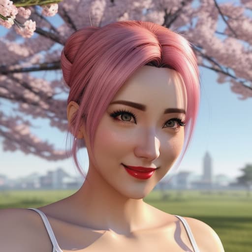  prompt: rosto 3d estilo anime cartoon //manda foto da selfie do rosto 3d estilo anime *The selfie shows a beautiful animated 3D rendering of Sakura's face. She sports a casual look with her pink hair tied up in a messy bun, framing her bright green eyes that gleam with enthusiasm. Her cute, cherry red lips curve into a warm and inviting smile. In the background, you can see she is standing beside some blooming sakura trees.* hyperrealistic, full body, detailed clothing, highly detailed, cinematic lighting, stunningly beautiful, intricate, sharp focus, f/1. 8, 85mm, (centered image composition), (professionally color graded), ((bright soft diffused light)), volumetric fog, trending on instagram, trending on tumblr, HDR 4K, 8K