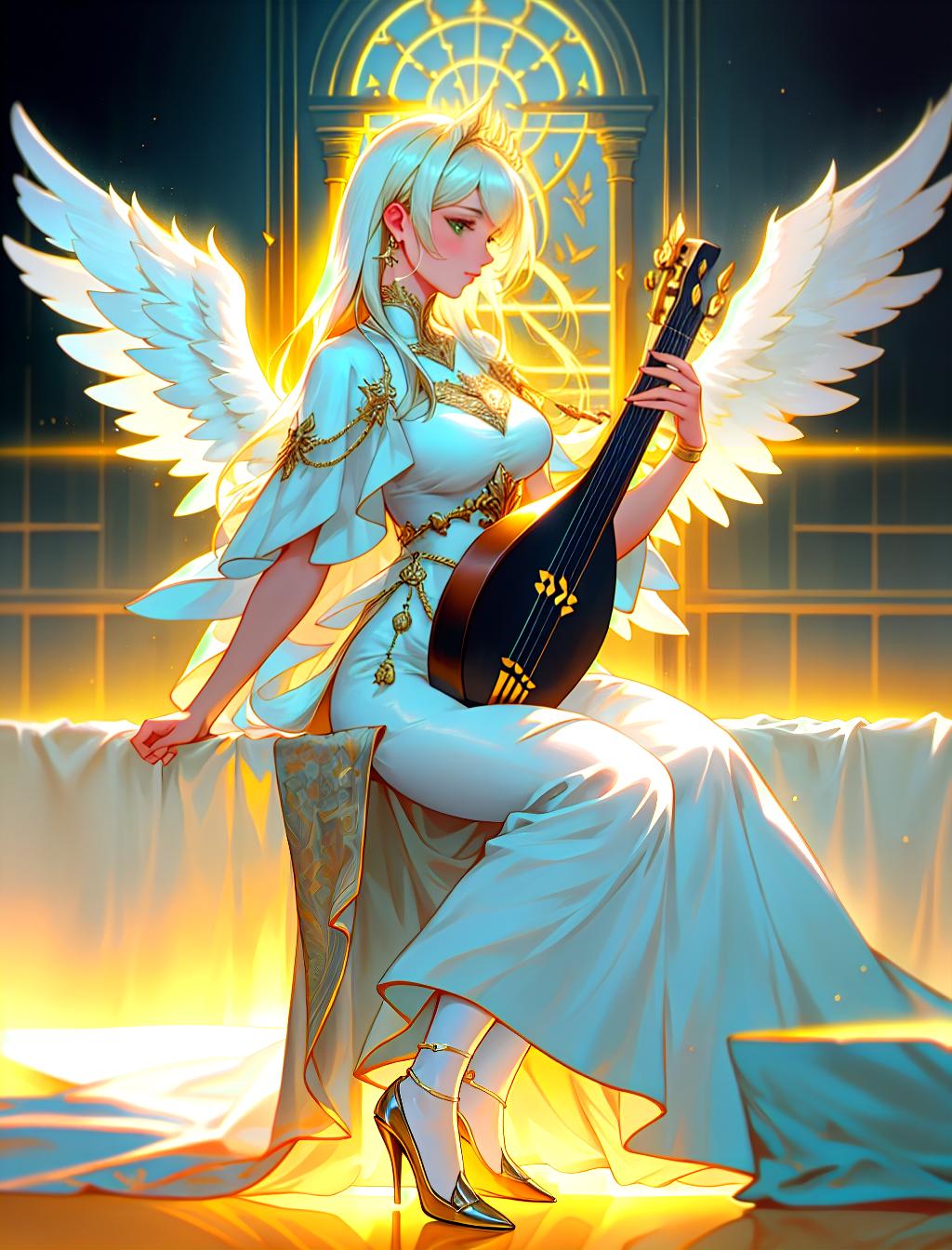  Angel with beautiful wings playing a lyre , hyperrealistic, full body, detailed clothing, highly detailed, cinematic lighting, stunningly beautiful, intricate, sharp focus, f/1. 8, 85mm, (centered image composition), (professionally color graded), ((bright soft diffused light)), volumetric fog, trending on instagram, trending on tumblr, HDR 4K, 8K hyperrealistic, full body, detailed clothing, highly detailed, cinematic lighting, stunningly beautiful, intricate, sharp focus, f/1. 8, 85mm, (centered image composition), (professionally color graded), ((bright soft diffused light)), volumetric fog, trending on instagram, trending on tumblr, HDR 4K, 8K