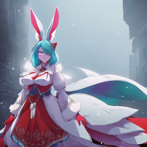  anthropomorphic rabbit with cyan fur, with large breast, the top part of her ears is red. half breasted dress, crop shirt hyperrealistic, full body, detailed clothing, highly detailed, cinematic lighting, stunningly beautiful, intricate, sharp focus, f/1. 8, 85mm, (centered image composition), (professionally color graded), ((bright soft diffused light)), volumetric fog, trending on instagram, trending on tumblr, HDR 4K, 8K