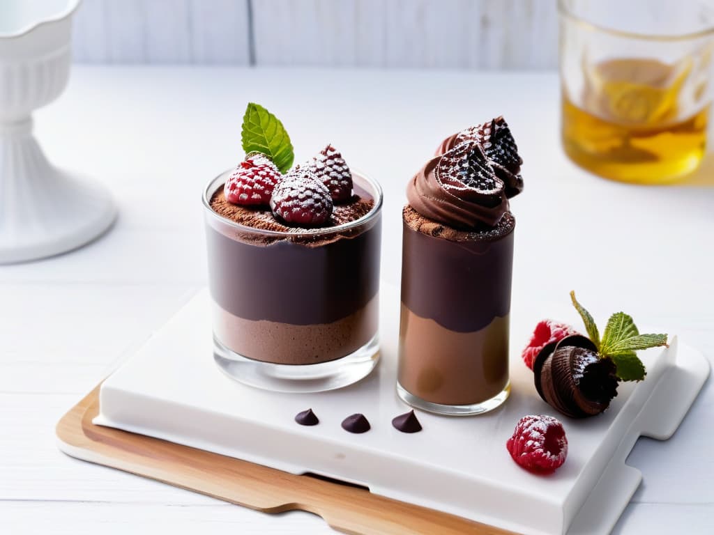  A minimalistic and elegant image of a decadent chocolate dessert, showcasing a rich dark chocolate mousse topped with raspberries and a sprinkle of cocoa powder, served in a delicate glass dessert cup. The dessert is artfully garnished with a mint leaf for a pop of color, set against a simple white background to emphasize its luxurious and guiltfree indulgence for those with diabetes. hyperrealistic, full body, detailed clothing, highly detailed, cinematic lighting, stunningly beautiful, intricate, sharp focus, f/1. 8, 85mm, (centered image composition), (professionally color graded), ((bright soft diffused light)), volumetric fog, trending on instagram, trending on tumblr, HDR 4K, 8K