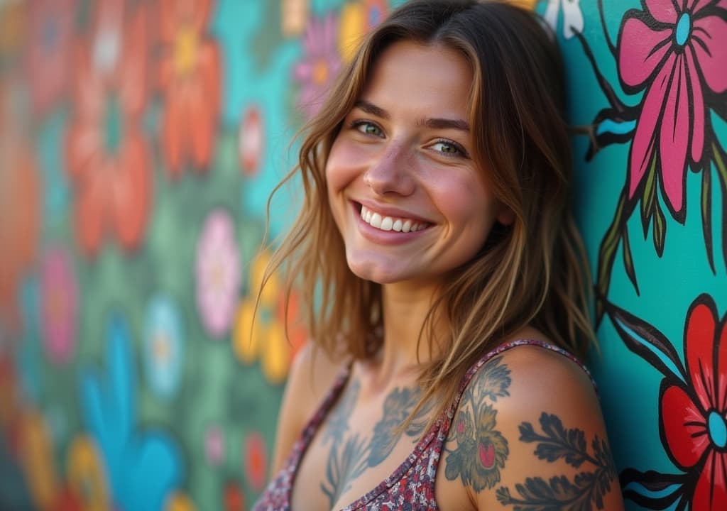  good quality, high quality, a joyful young woman with tattoos smiles brightly in front of a colorful mural featuring floral and abstract designs.