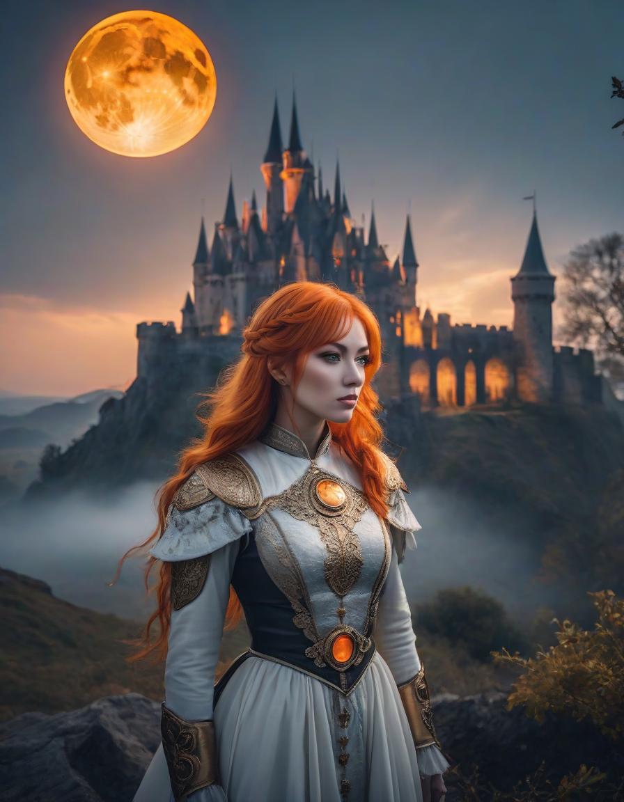  cinematic photo fantasy image featuring a woman with vibrant orange hair, a mystical castle, and a large orange moon in a dramatic landscape . 35mm photograph, film, bokeh, professional, 4k, highly detailed hyperrealistic, full body, detailed clothing, highly detailed, cinematic lighting, stunningly beautiful, intricate, sharp focus, f/1. 8, 85mm, (centered image composition), (professionally color graded), ((bright soft diffused light)), volumetric fog, trending on instagram, trending on tumblr, HDR 4K, 8K