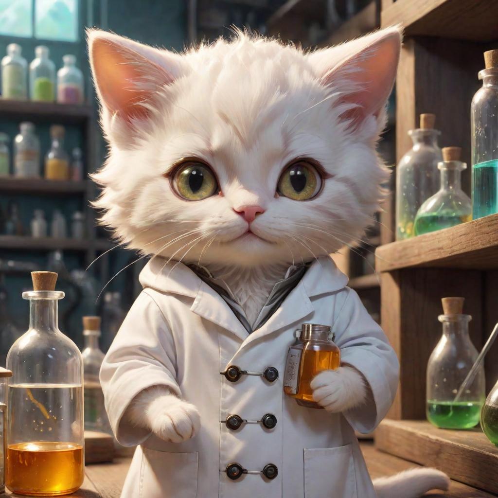  close up, Kitten Cheeseville, Soft Alchemical Glow, Curious and Inquisitive, Tiny and Nimble, Whiskers and Bright Eyes, Scientific Lab Coat with a Pocket Protector, Alchemical Laboratory with Potion filled Shelves, Chemist and Alchemist in the Mouse Lab