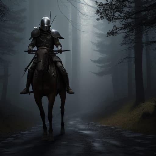  Un soldado con armadura de guerra desgastada dañada sin casco con rostro lastimado montando un caballo de color marrón caminando por un bosque sombrío oscuro ambiente triste y oscuro con cabeza en picada ambiente triste con lluvia llorando Cinematic Quality, High Resolution, Dramatic hyperrealistic, full body, detailed clothing, highly detailed, cinematic lighting, stunningly beautiful, intricate, sharp focus, f/1. 8, 85mm, (centered image composition), (professionally color graded), ((bright soft diffused light)), volumetric fog, trending on instagram, trending on tumblr, HDR 4K, 8K