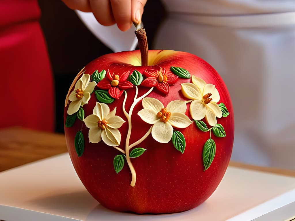  A closeup, ultradetailed image of a skilled chef's hands delicately carving a intricate floral design into a vibrant red apple, showcasing the precision and artistry of fruit and vegetable carving techniques. The focus is on the intricate details of the carving, capturing the elegance and beauty of the process in a minimalistic style. hyperrealistic, full body, detailed clothing, highly detailed, cinematic lighting, stunningly beautiful, intricate, sharp focus, f/1. 8, 85mm, (centered image composition), (professionally color graded), ((bright soft diffused light)), volumetric fog, trending on instagram, trending on tumblr, HDR 4K, 8K