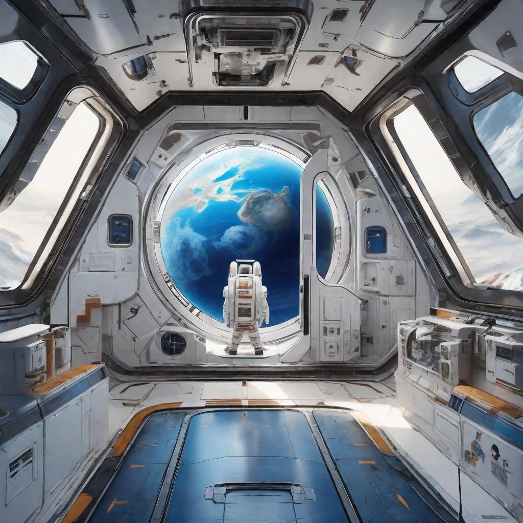  masterpiece, best quality, new Chinese technology spacecraft, capsule door latch, ink painting shell, large glass floor-to-ceiling window, blue earth on the background, realistic