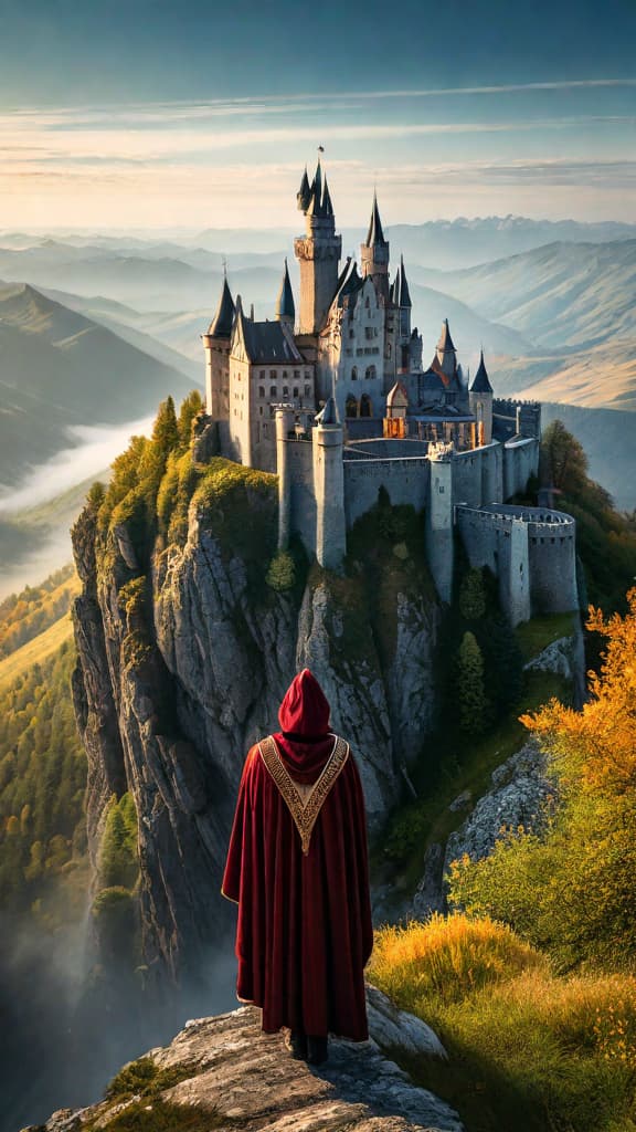  A fantasy castle perched atop a towering cliff, overlooking a vast valley. hyperrealistic, full body, detailed clothing, highly detailed, cinematic lighting, stunningly beautiful, intricate, sharp focus, f/1. 8, 85mm, (centered image composition), (professionally color graded), ((bright soft diffused light)), volumetric fog, trending on instagram, trending on tumblr, HDR 4K, 8K