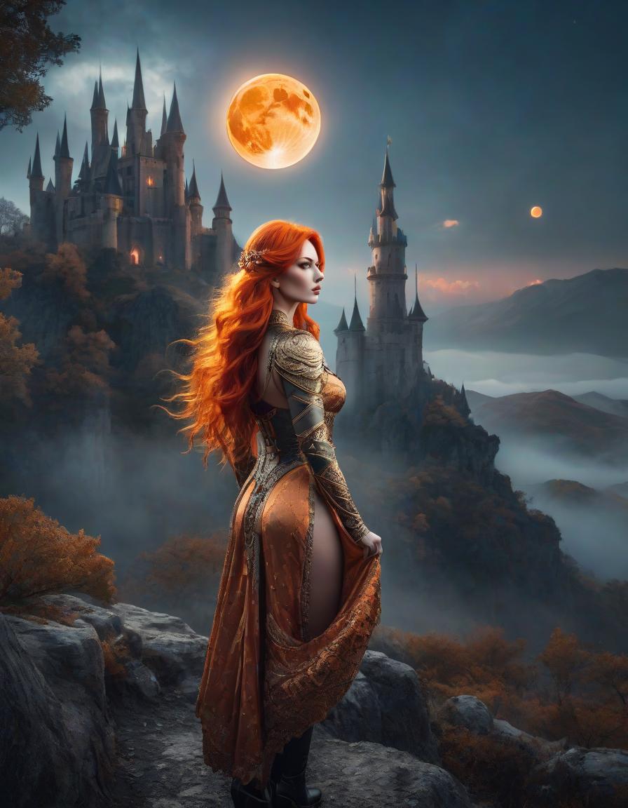  fantasy image featuring a woman with vibrant orange hair, a mystical castle, and a large orange moon in a dramatic landscape hyperrealistic, full body, detailed clothing, highly detailed, cinematic lighting, stunningly beautiful, intricate, sharp focus, f/1. 8, 85mm, (centered image composition), (professionally color graded), ((bright soft diffused light)), volumetric fog, trending on instagram, trending on tumblr, HDR 4K, 8K