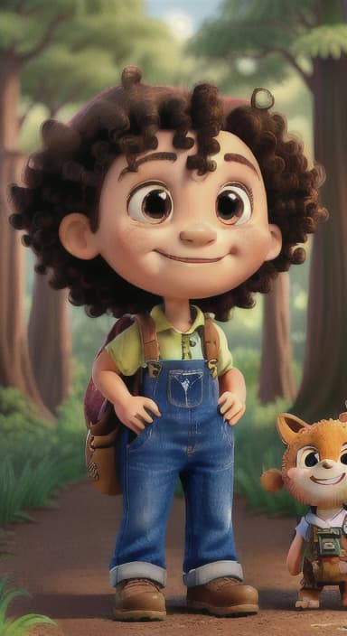  {The tree with a smiling face formed by its bark, looking down at Riley., Riley, a curious with big brown eyes and curly hair, wearing overalls and carrying a small backpack. Their friend, Skye, a bluebird with shiny feathers.