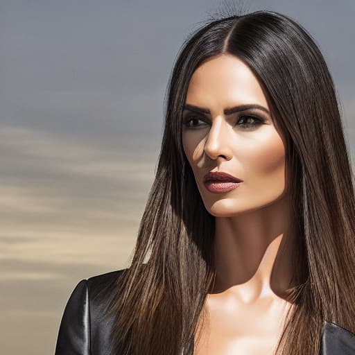  A woman with long hair and a black jacket is looking at the camera.o hyperrealistic, full body, detailed clothing, highly detailed, cinematic lighting, stunningly beautiful, intricate, sharp focus, f/1. 8, 85mm, (centered image composition), (professionally color graded), ((bright soft diffused light)), volumetric fog, trending on instagram, trending on tumblr, HDR 4K, 8K