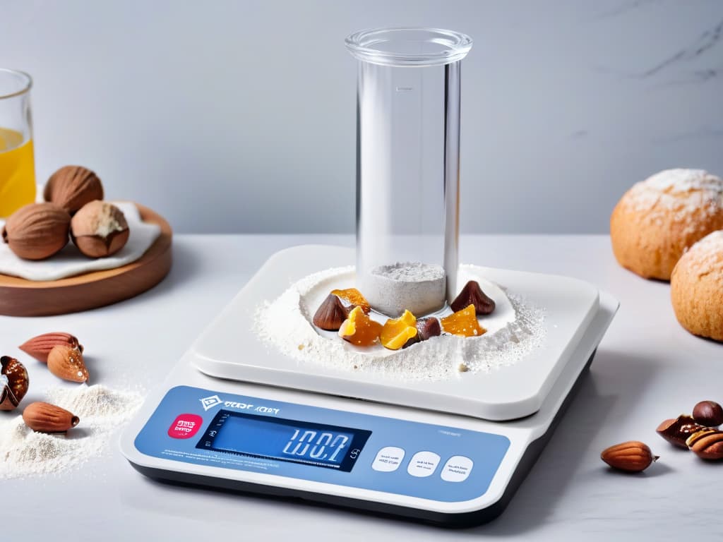  A closeup, ultrahighresolution image of a sleek, modern digital kitchen scale, with a crystalclear display showing precise measurements of various baking ingredients like flour, sugar, and nuts. The scale sits on a pristine white marble countertop, surrounded by neatly arranged stainless steel measuring cups and spoons, creating a visually appealing and minimalist composition that exudes professionalism and precision in baking. hyperrealistic, full body, detailed clothing, highly detailed, cinematic lighting, stunningly beautiful, intricate, sharp focus, f/1. 8, 85mm, (centered image composition), (professionally color graded), ((bright soft diffused light)), volumetric fog, trending on instagram, trending on tumblr, HDR 4K, 8K