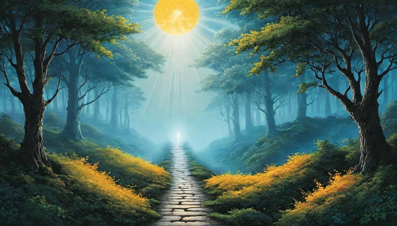  （surrealism)pathway illuminated by vibrant light, figure walking forward with confident stride, clarity and courage, journey of enlightenment mystic, intricate details, best quality)