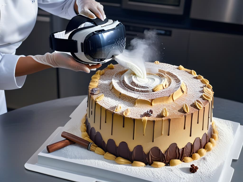  A closeup, ultradetailed image of a pair of hands in virtual reality gloves delicately sculpting a digital cake in a hyperrealistic virtual kitchen environment. The hands are covered in flour, with intricate tools floating around them in the virtual space, showcasing the innovative and immersive experience of virtual pastry courses. The lighting is soft, highlighting the textures and details of the virtual ingredients and equipment, creating a visually captivating and futuristic scene. hyperrealistic, full body, detailed clothing, highly detailed, cinematic lighting, stunningly beautiful, intricate, sharp focus, f/1. 8, 85mm, (centered image composition), (professionally color graded), ((bright soft diffused light)), volumetric fog, trending on instagram, trending on tumblr, HDR 4K, 8K