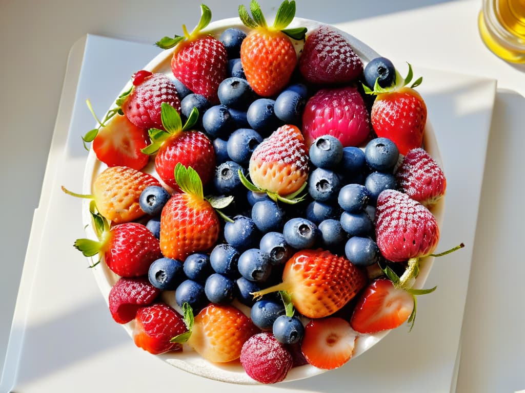  A closeup, ultradetailed image of an array of vibrant, fresh berries plump strawberries, juicy blueberries, and ripe raspberries neatly arranged on a sleek, white marble countertop. The natural light filters in gently, casting soft shadows that accentuate the rich colors of the fruit. The glistening dew on the berries hints at their freshness and invites the viewer to imagine the delectable glutenfree pastries that could be created using these special ingredients. hyperrealistic, full body, detailed clothing, highly detailed, cinematic lighting, stunningly beautiful, intricate, sharp focus, f/1. 8, 85mm, (centered image composition), (professionally color graded), ((bright soft diffused light)), volumetric fog, trending on instagram, trending on tumblr, HDR 4K, 8K