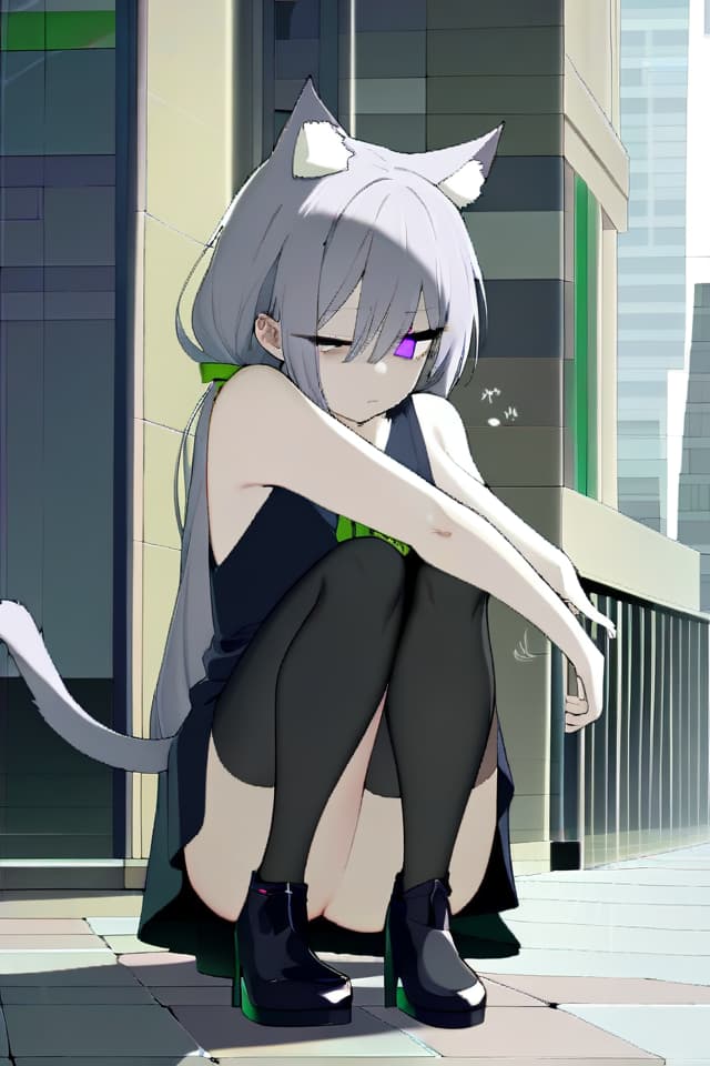  Gray hair,ponytail,low ponytail,long hair,purple eyes,sluggish expression,bundling hair with a big green ribbon,black dress,cat ears,cat tail,gray cat ears,gray cat tail,black tights,squatting,y,jito eyes,contrast,beautiful,beautiful ,black sole shoes,city,modern city、(absurd detailed:1.4、best quality:1.4、masterpiece:1.4)、Expressionless,half eyed,sluggish eyes、Green ribbon、Sleepy expression