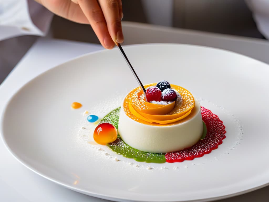  A closeup, ultradetailed image of a chef's hands delicately using tweezers to place tiny spherical droplets of colorful molecular gastronomy desserts on a sleek, white plate. The focus is on the precision and artistry of the chef's movements, highlighting the meticulous nature of molecular pastry creation. The background is blurred to emphasize the elegance and sophistication of the dish being prepared. hyperrealistic, full body, detailed clothing, highly detailed, cinematic lighting, stunningly beautiful, intricate, sharp focus, f/1. 8, 85mm, (centered image composition), (professionally color graded), ((bright soft diffused light)), volumetric fog, trending on instagram, trending on tumblr, HDR 4K, 8K