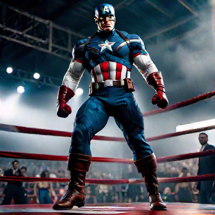  Captain America is wrestling on the ring hyperrealistic, full body, detailed clothing, highly detailed, cinematic lighting, stunningly beautiful, intricate, sharp focus, f/1. 8, 85mm, (centered image composition), (professionally color graded), ((bright soft diffused light)), volumetric fog, trending on instagram, trending on tumblr, HDR 4K, 8K