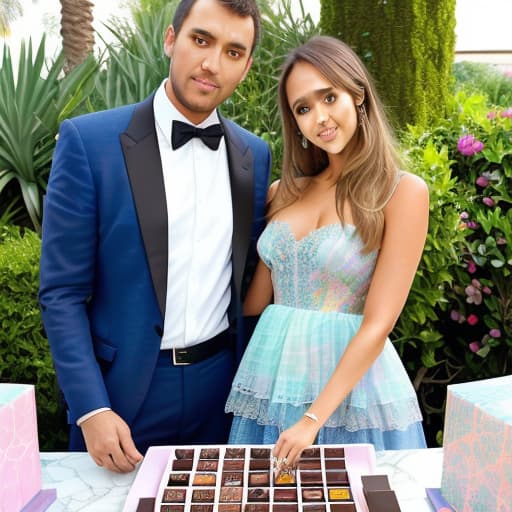  Beautiful Jessica Alba and boyfriend looking down (lace multi colored pastel designer dress, men’s blue business suit)(dark shadowed lighting)(Superrealism)(Foreground: open small box of fine dark chocolates on a reflective marble serving table) Background lush garden with fountain.