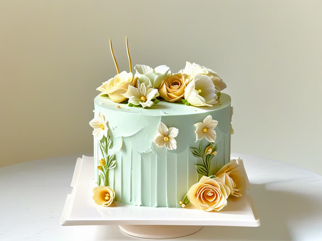  A minimalistic image of a beautifully decorated gourmet cake displayed on a simple, elegant white cake stand. The cake features intricate piping details, delicate sugar flowers, and shimmering gold accents, all highlighted by soft, natural lighting. The background is blurred to keep the focus on the exquisite craftsmanship of the cake, creating a visually appealing and aspirational image for a highend pastelería. hyperrealistic, full body, detailed clothing, highly detailed, cinematic lighting, stunningly beautiful, intricate, sharp focus, f/1. 8, 85mm, (centered image composition), (professionally color graded), ((bright soft diffused light)), volumetric fog, trending on instagram, trending on tumblr, HDR 4K, 8K