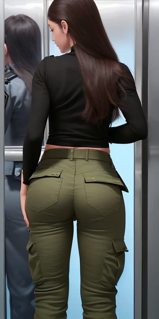  girl-in the elevator, with her back turned, in military pants. just show her ass