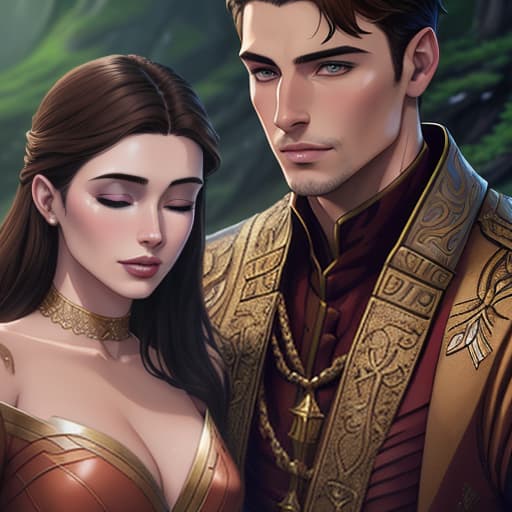  "A fantasy book cover, with detailed digital painting in good quality, a handsome brown haired boy with dark eyes, no beard or mustache, and a brown haired girl stand in fantasy clothing. The girl has closed her eyes, seemingly behind him, there is a portrait photo of good quality." hyperrealistic, full body, detailed clothing, highly detailed, cinematic lighting, stunningly beautiful, intricate, sharp focus, f/1. 8, 85mm, (centered image composition), (professionally color graded), ((bright soft diffused light)), volumetric fog, trending on instagram, trending on tumblr, HDR 4K, 8K