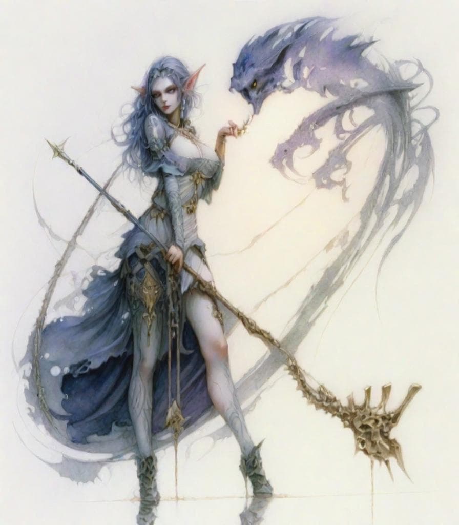 white background, detailed face, detailed body, woman elf sorcerer, face tattoo, the atmosphere of mysticism, the gothic style, muted twilight colors, art by alan lee, highly detailed