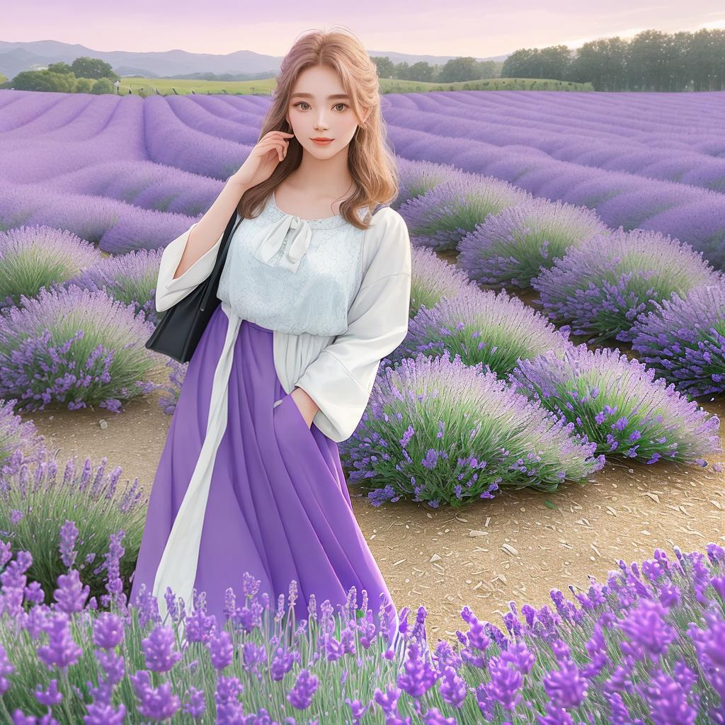  Masterpiece, best quality, a female model wearing a purple sling stands in a lush, blooming lavender field. The soft light of the sunset gently illuminates her face, casting a warm, ethereal glow. The lavender field extends as far as the eye can see, creating a dreamy, romantic atmosphere. The photos are taken in a photo-like style, vibrant colors and complex details, showing the beauty of the model and the natural environment. The image was realized using Fujifilm Pro 400H film, adding nostalgic colors and enhancing the soft tones of lavender fields.