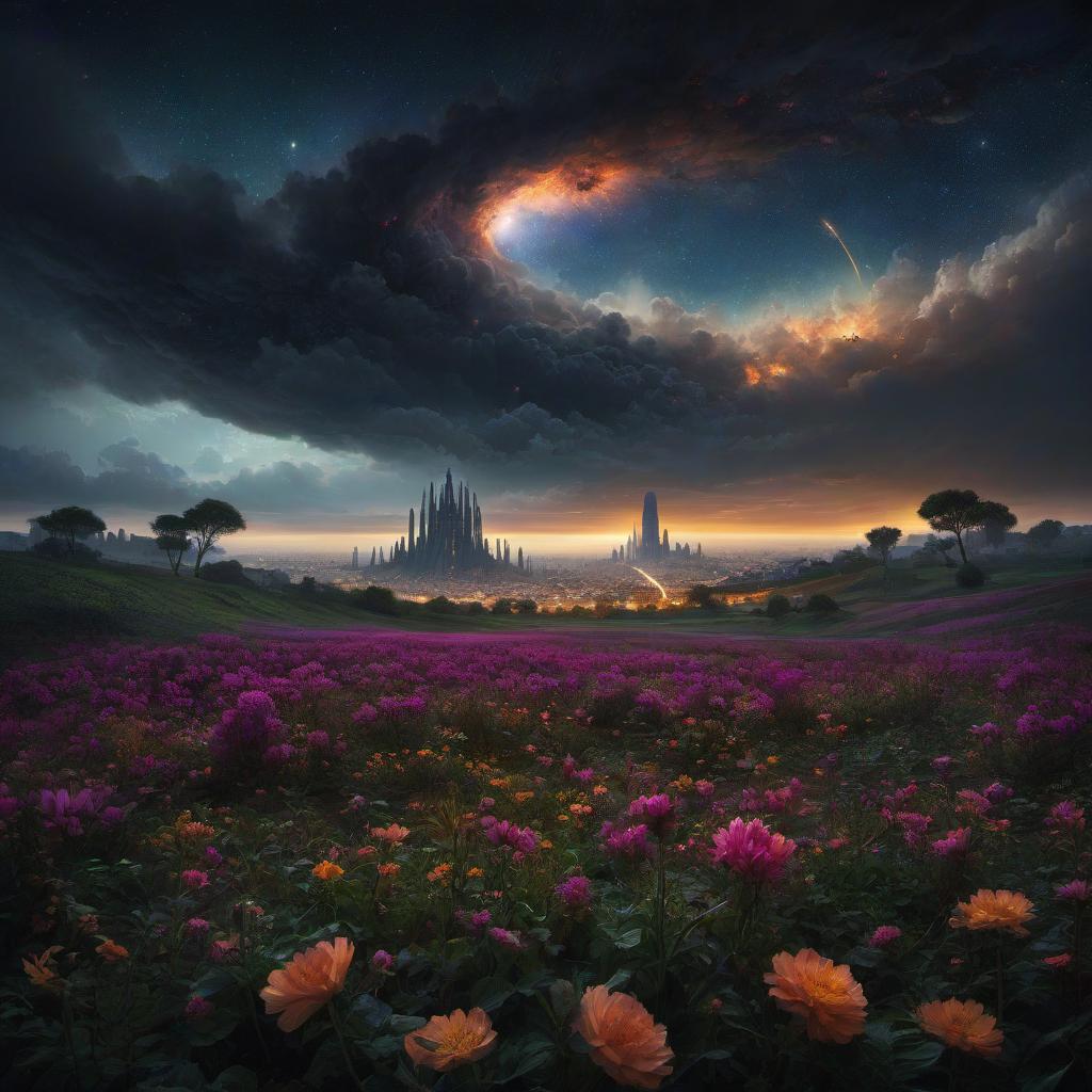  (stylized by Tomasz Alen Kopera:1.3) , dark art, dense flower field and Perseid meteor in background, landscape of a (Barcelona:1.2) , very Bizarre and 1600'S, Hurricane, Glitchcore, Amaro, layered textures, ornate, intricate artistic color, complimentary colors, very inspirational, atmosphere, fine artistic composition, sunny, theatrical hyperrealistic, full body, detailed clothing, highly detailed, cinematic lighting, stunningly beautiful, intricate, sharp focus, f/1. 8, 85mm, (centered image composition), (professionally color graded), ((bright soft diffused light)), volumetric fog, trending on instagram, trending on tumblr, HDR 4K, 8K