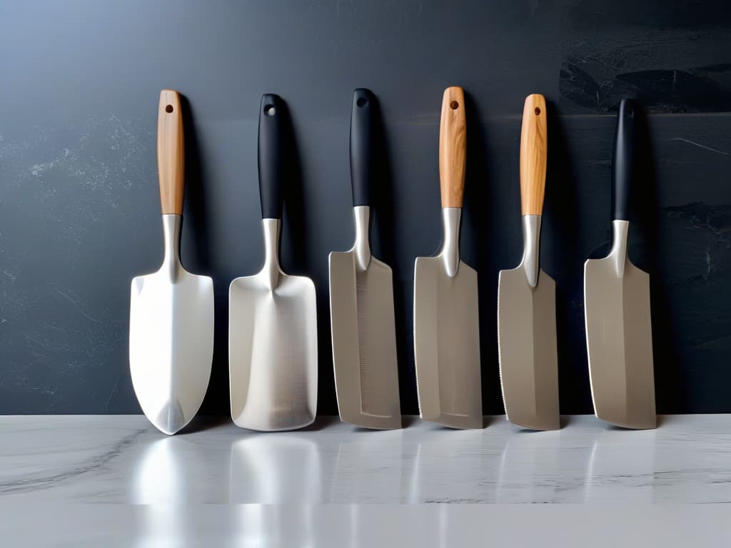  An ultradetailed 8k image of a sleek, modern kitchen countertop featuring an array of highend, premium quality baking spatulas neatly arranged in a row. The spatulas are made of polished stainless steel with ergonomic wooden handles, exuding a sense of elegance and professionalism. Each spatula is uniquely designed for different baking tasks, showcasing precision and craftsmanship. The overall aesthetic is clean, minimalist, and visually appealing, perfectly complementing the article's informative and inspirational tone. hyperrealistic, full body, detailed clothing, highly detailed, cinematic lighting, stunningly beautiful, intricate, sharp focus, f/1. 8, 85mm, (centered image composition), (professionally color graded), ((bright soft diffused light)), volumetric fog, trending on instagram, trending on tumblr, HDR 4K, 8K