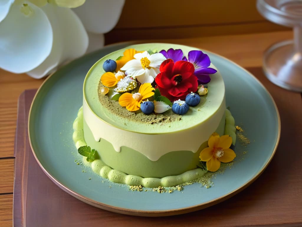  An ultradetailed closeup image of a decadent dessert showcasing a fusion of unexpected flavors, such as a matcha green tea tiramisu with yuzuinfused cream, garnished with delicate edible flowers and gold leaf accents. The dessert is artfully presented on a sleek, white porcelain plate, set against a soft focus background to emphasize the intricate textures and vibrant colors of the dish. hyperrealistic, full body, detailed clothing, highly detailed, cinematic lighting, stunningly beautiful, intricate, sharp focus, f/1. 8, 85mm, (centered image composition), (professionally color graded), ((bright soft diffused light)), volumetric fog, trending on instagram, trending on tumblr, HDR 4K, 8K