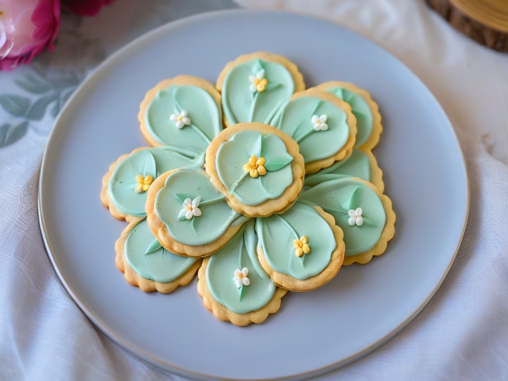  An intricately decorated sugar cookie featuring a detailed floral design in pastel colors, delicately piped royal icing outlining each petal and leaf, with a shimmering gold border adding a touch of elegance. The cookie is placed on a crisp white ceramic plate, contrasting against a soft gray linen tablecloth, showcasing the meticulous artistry and craftsmanship of decorated cookies. hyperrealistic, full body, detailed clothing, highly detailed, cinematic lighting, stunningly beautiful, intricate, sharp focus, f/1. 8, 85mm, (centered image composition), (professionally color graded), ((bright soft diffused light)), volumetric fog, trending on instagram, trending on tumblr, HDR 4K, 8K