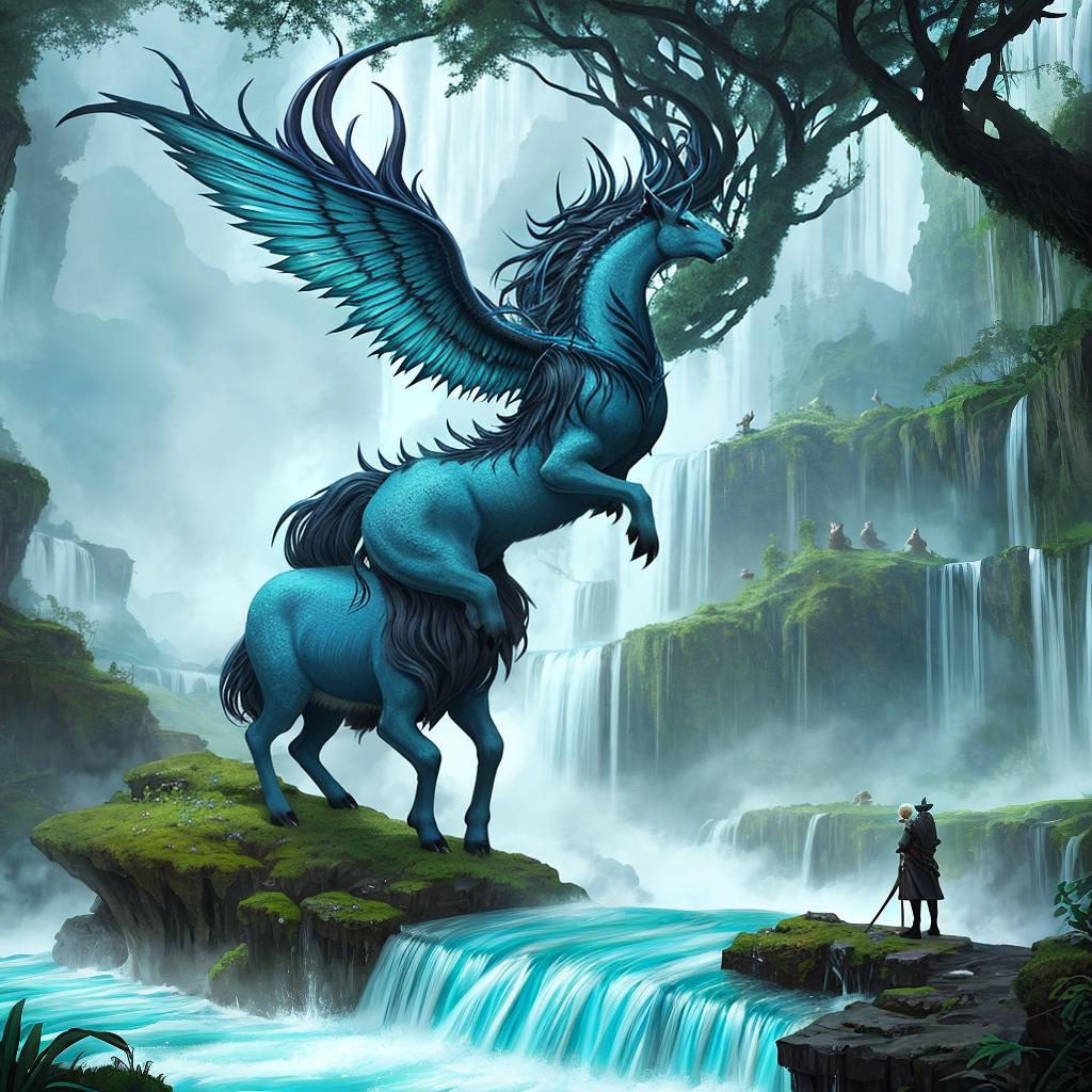  in a fantasy setting, Paint a surreal landscape where mythical beasts roam amidst cascading waterfalls.