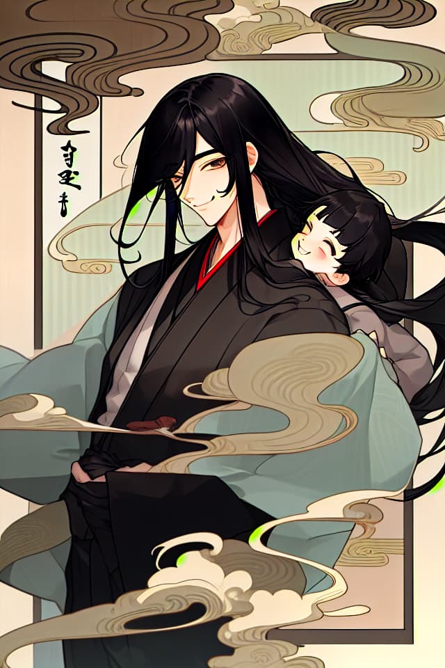  Suit, male, haori, Japanese style, black hair, hanging, long hair, eyelashes, smiles, fine