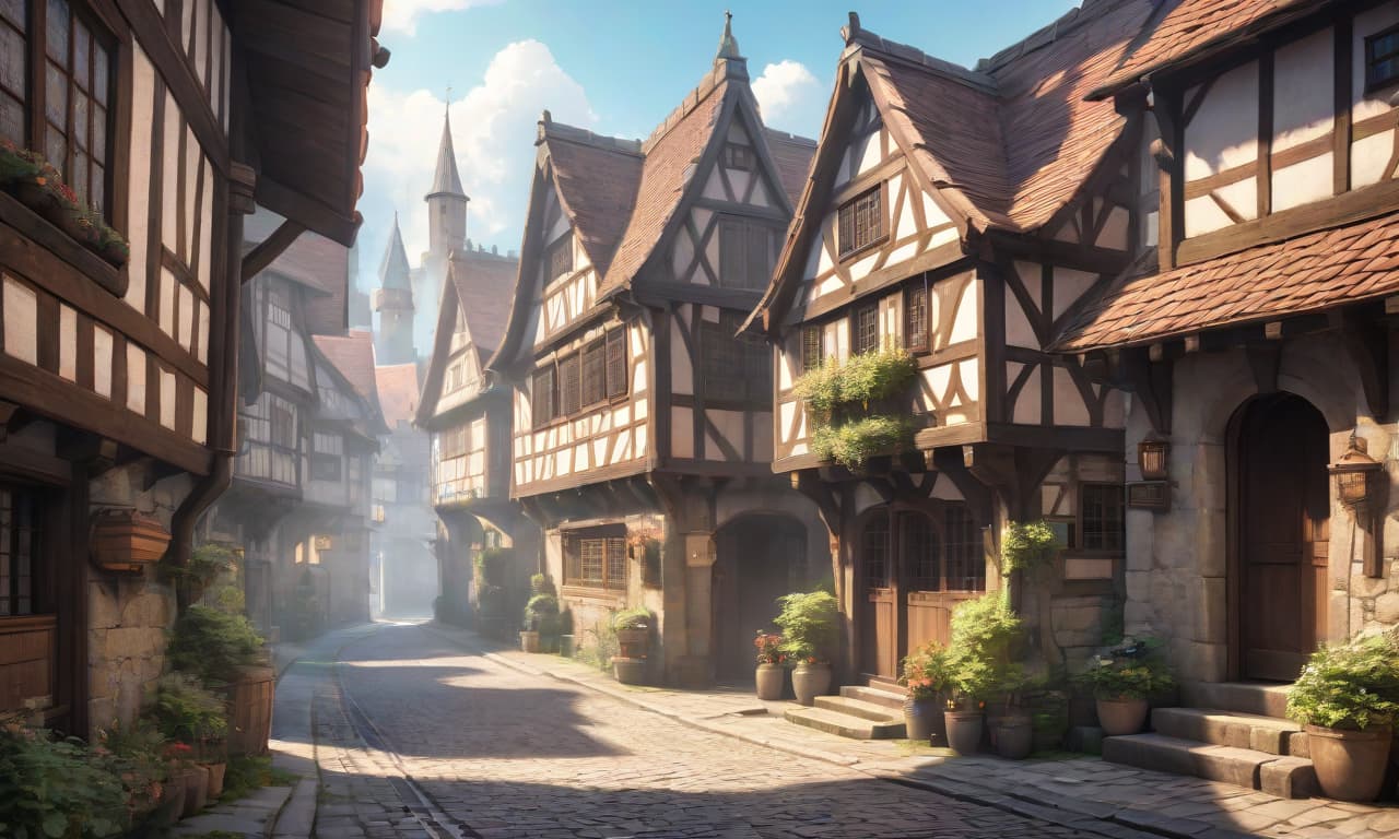  anime artwork Medieval street during the day with half timbered houses at its entrance. . anime style, key visual, vibrant, studio anime, highly detailed hyperrealistic, full body, detailed clothing, highly detailed, cinematic lighting, stunningly beautiful, intricate, sharp focus, f/1. 8, 85mm, (centered image composition), (professionally color graded), ((bright soft diffused light)), volumetric fog, trending on instagram, trending on tumblr, HDR 4K, 8K