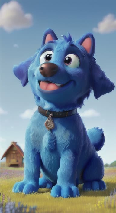  {A happy, big blue dog wagging its tail in a colorful meadow, The big blue dog is large with sky blue fur, big round eyes, a black nose, and floppy ears.