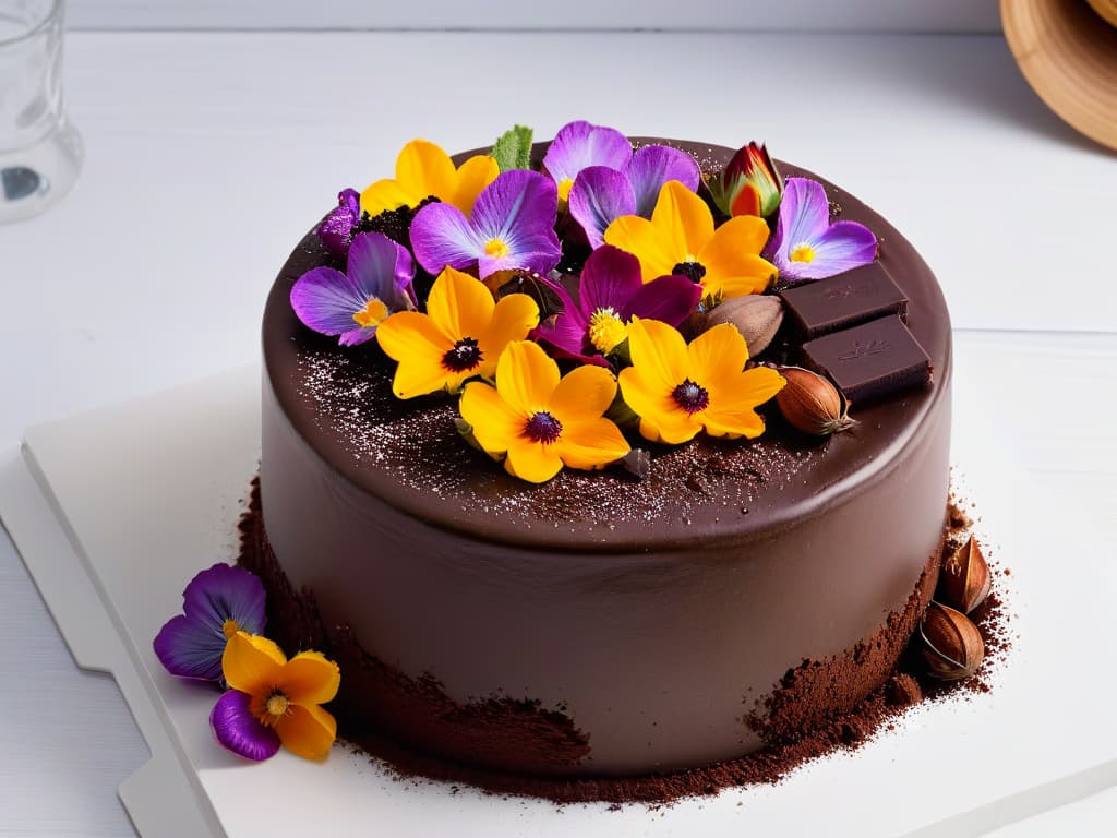  An ultradetailed, 8k image of a beautifully intricate chocolate cake being delicately decorated with ethically sourced cocoa beans and vibrant edible flowers, set against a pristine white backdrop. The focus is on the skilled hands of a baker, artfully crafting the dessert with precision and care, showcasing the artistry and impact of Fair Trade practices in global pastry making. hyperrealistic, full body, detailed clothing, highly detailed, cinematic lighting, stunningly beautiful, intricate, sharp focus, f/1. 8, 85mm, (centered image composition), (professionally color graded), ((bright soft diffused light)), volumetric fog, trending on instagram, trending on tumblr, HDR 4K, 8K