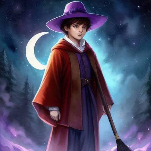  watercolor, storybook, child-book, A young Caucasian boy with brown hair wearing a purple magic hat and holding a red broom, night sky with a crescent moon and yellow stars in the background., best quality, very detailed, high resolution, sharp, sharp image hyperrealistic, full body, detailed clothing, highly detailed, cinematic lighting, stunningly beautiful, intricate, sharp focus, f/1. 8, 85mm, (centered image composition), (professionally color graded), ((bright soft diffused light)), volumetric fog, trending on instagram, trending on tumblr, HDR 4K, 8K