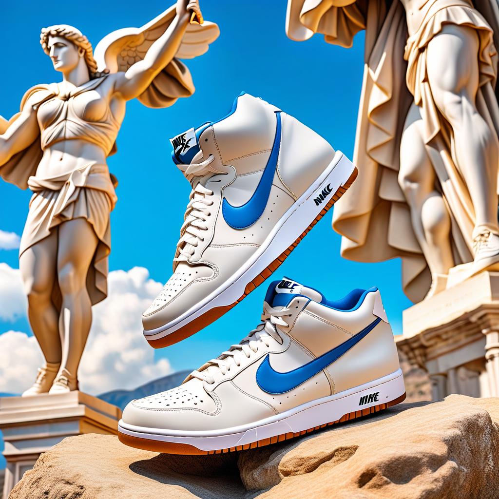  Food photography style Nike sneakers if they were in ancient greece. Create statues that wear nike shoes, on the background create mountains and blue skies with white clouds . Appetizing, professional, culinary, high resolution, commercial, highly detailed hyperrealistic, full body, detailed clothing, highly detailed, cinematic lighting, stunningly beautiful, intricate, sharp focus, f/1. 8, 85mm, (centered image composition), (professionally color graded), ((bright soft diffused light)), volumetric fog, trending on instagram, trending on tumblr, HDR 4K, 8K