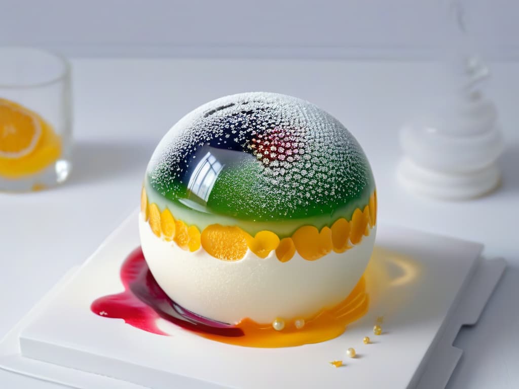  A closeup, ultradetailed image of a delicate sugar sphere encapsulating a vibrant, molecular gastronomyinspired fruit gelatin, set against a stark white background. The sphere glistens with a mesmerizing clarity, refracting light in a dazzling display, showcasing the intricate beauty and precision of molecular pastry artistry. The gel inside appears to be bursting with intense colors, evoking a sense of wonder and sophistication in the world of molecular baking. hyperrealistic, full body, detailed clothing, highly detailed, cinematic lighting, stunningly beautiful, intricate, sharp focus, f/1. 8, 85mm, (centered image composition), (professionally color graded), ((bright soft diffused light)), volumetric fog, trending on instagram, trending on tumblr, HDR 4K, 8K