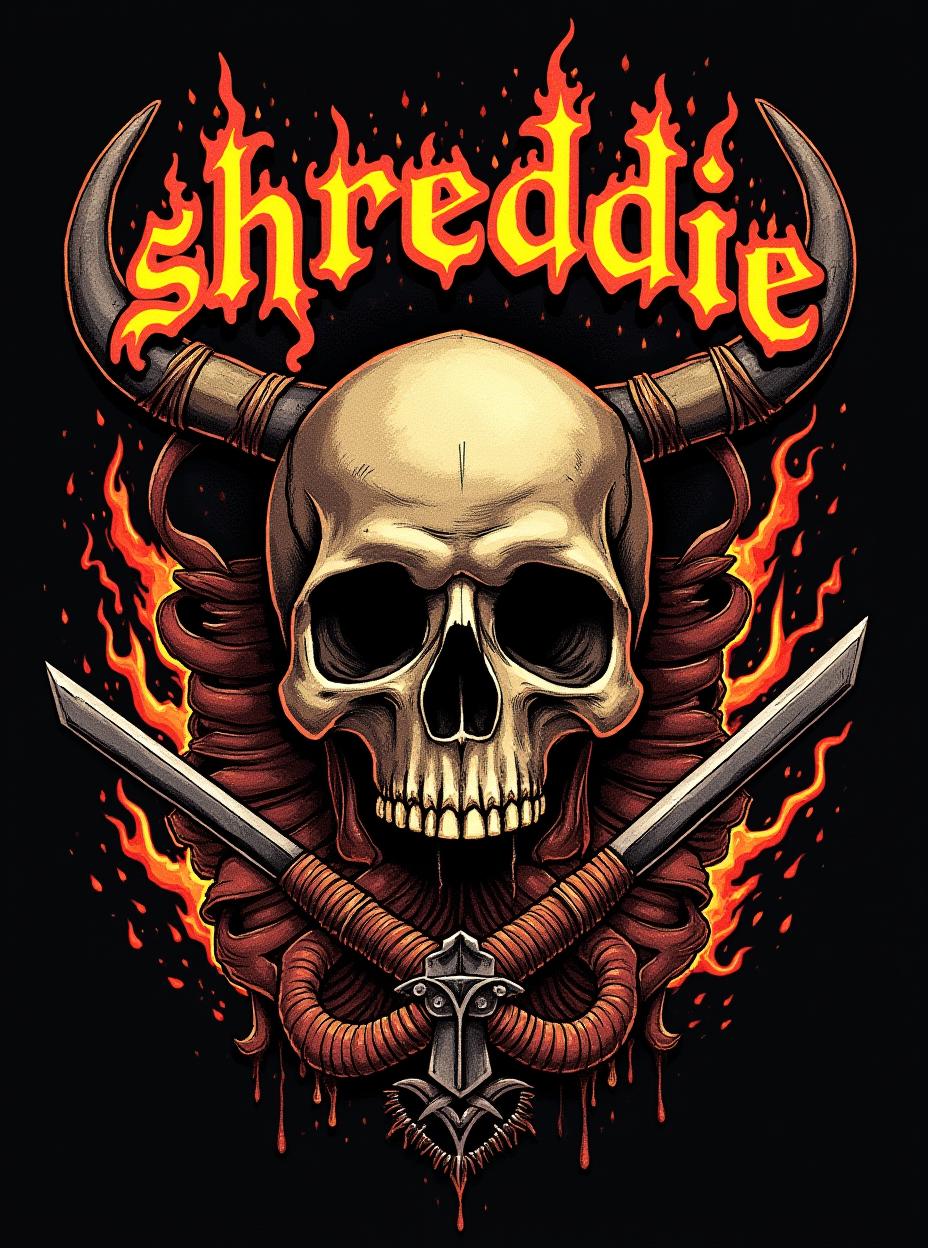  good quality, high quality, metal shirt design. fire and melting elements are part of design. organs are strewn about. the letters "shreddie" on top of the design. wild western themes and design elements are on the shirt as well. outlaw elements.